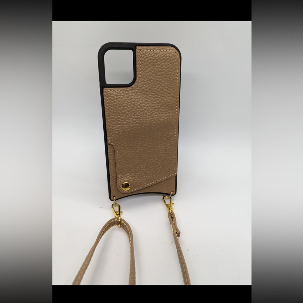 Slim Eco-Leather iPhone Case with Strap for iPhone 12 Pro Max- tan - Picture 2 of 6